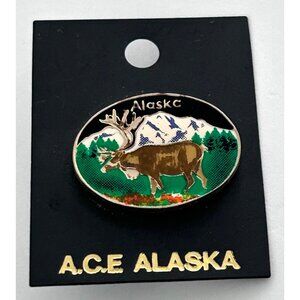 A.C.E Alaska Souvenir Lapel Pin Moose Mountain Forest Scene